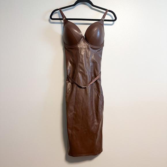 Honey Birdette Emily Deep Mahogany Faux Leather Dress NWT Size XS - Picture 6 of 16